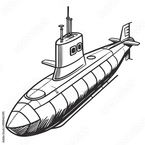 Black and white of a naval submarine with conning tower and propeller