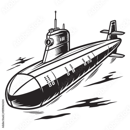 Black and white of submarine with streamlined body