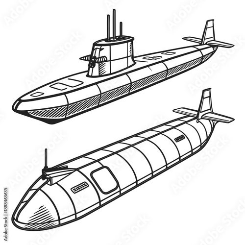 Black and white of two submarines naval boats underwater