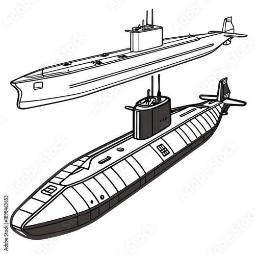 Black and white of two naval submarines with smooth hull
