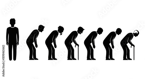 Human aging process depicted through silhouettes from youth to old age.