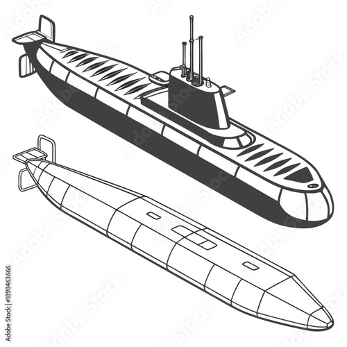 Black and white of two submarines naval military underwater