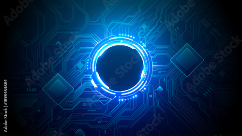  Bright neon HUD element on circuit board background. Futuristic tech interface with glowing blue digital patterns and abstract chip design for AI concepts. Digital technology vector background. 