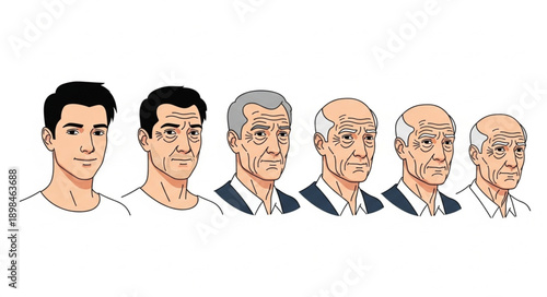 Human aging process depicted through portraits of men at different life stages.