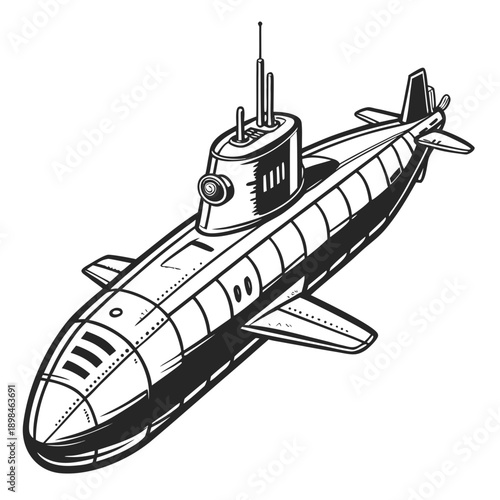 Black and white submarine with conning tower and fins