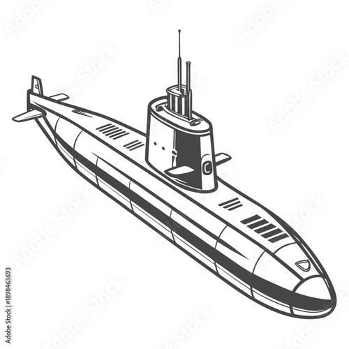 Black and white submarine with conning tower and antenna