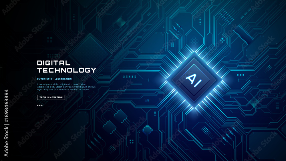 Naklejka premium AI semiconductor chip icon centered on circuit board with microchip elements and wires. Digital technology background with data processing components and text space. Digital blue technology background