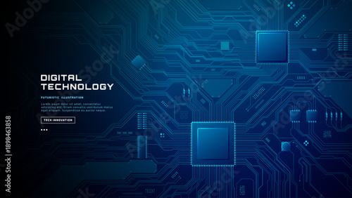 Abstract technological background featuring illuminated microchip pathways, glowing connections, and futuristic electronic patterns in deep blue tones. Digital blue technology background.