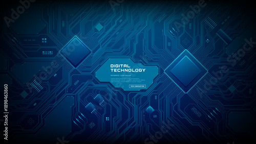 High-tech circuit board background with central text block space, featuring intricate blue digital patterns and electronic chip components for modern technology designs. Digital technology background.