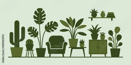 Silhouette Illustration of an Indoor Urban Jungle with Mid-Century Modern Furniture.