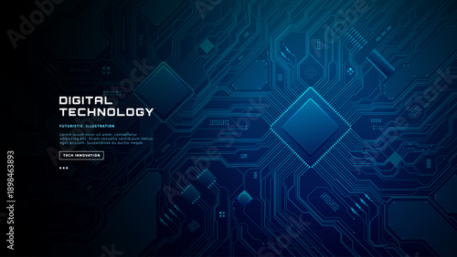 Modern circuit board background with glowing blue chip connections, abstract tech patterns, and digital semiconductor elements for AI technology designs. Digital blue technology background.