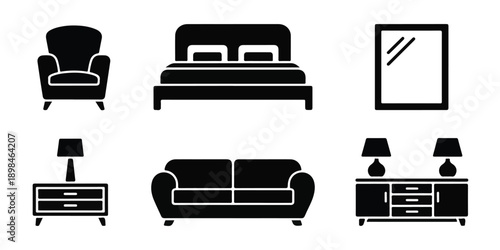 Collection of Black Minimalist Furniture Silhouettes and Home Decor Icons.