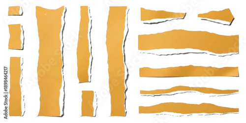 Collection of torn paper pieces, featuring vertical strips and horizontal fragments with rough edges for design use