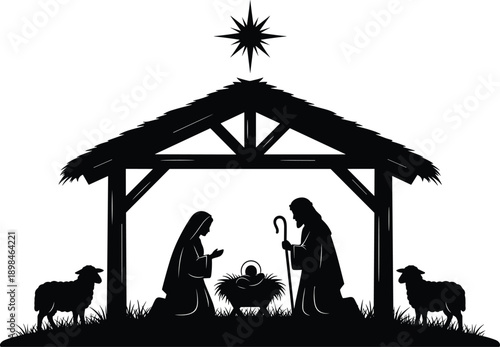 Nativity scene Christmas silhouette illustration, holy family in stable with baby Jesus, Bethlehem star and sheep, traditional religious holiday vector
