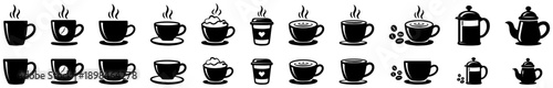 Coffee and Tea Cup Icons Set. Cup of coffee icon. Tea cup illustration. Coffee and tea cup icons set with mugs, espresso, latte, kettle and cafe symbols. coffee, tea, hot drink, icons, vector
