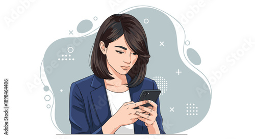 Professional young woman in navy blazer using smartphone, minimalist digital illustration of female executive on light blue abstract geometric background.
