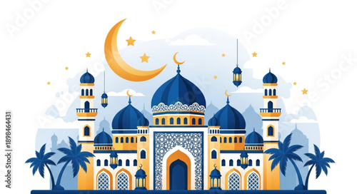 Beautiful Islamic Mosque with Crescent Moon and Stars.