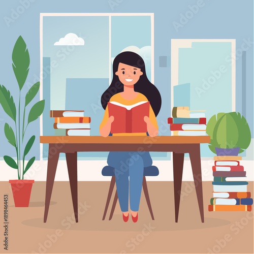Education vector showing a student studying with books — ideal for learning and academic designs.