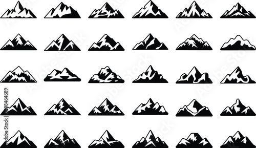 Comprehensive vector set of 30 distinct black mountain icons and rugged alpine peak silhouettes, ideal graphic design elements for outdoor logos, hiking badges, and wilderness branding.