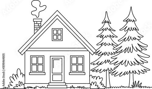 Black and white line art illustration of a cozy suburban house or rustic cabin with smoke rising from the chimney, surrounded by tall pine trees, perfect for children's coloring pages.