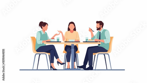 An illustration of three diverse individuals, two women and one man, engaging in a lively conversation while dining together at a table.