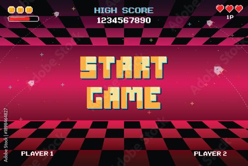 START GAME. pixel art 8-bit. Retro Futurism Sci-Fi Background. glowing neon grid and star from vintage arcade computer games