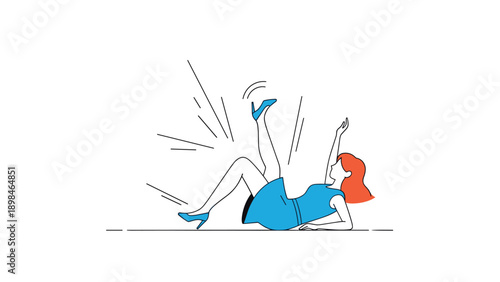 Clumsy woman in a blue dress and high heels losing her balance and falling down on a white background representing a sudden accident.