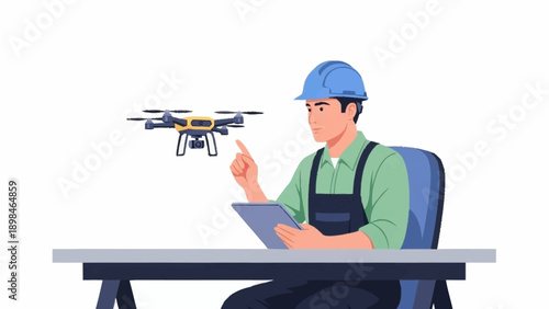 A male engineer in a blue hard hat and overalls operates a hovering drone with a digital tablet for inspection.