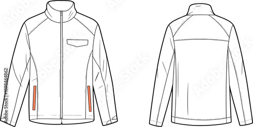Technical line art vector illustration of men zippered jacket front and back views modern outerwear apparel design template