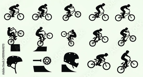 BMX Bicycle Rider Performing Tricks Silhouettes Collection.