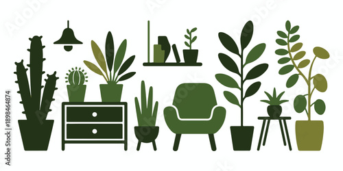 Flat Illustration of a Mid-Century Modern Living Room with Houseplants.