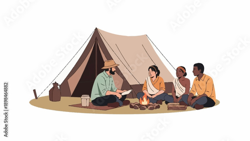 Diverse group of friends camping, listening intently to a story by the warm glow of a crackling campfire.