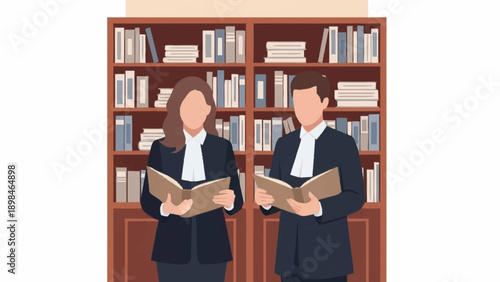Two professionals in formal attire studying books in a library setting with a large wooden bookshelf.