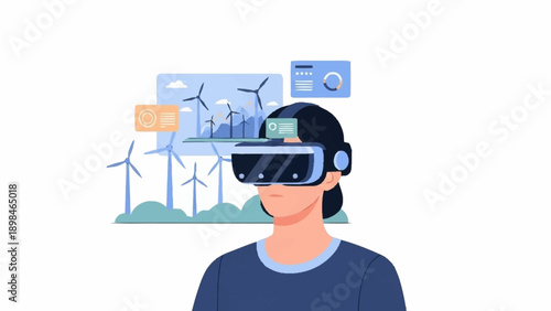 Person wearing a VR headset monitoring a virtual wind farm with digital controls and data visualization.