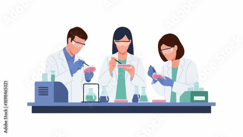 A team of three researchers in lab coats and safety glasses meticulously examining samples in petri dishes at a laboratory bench.
