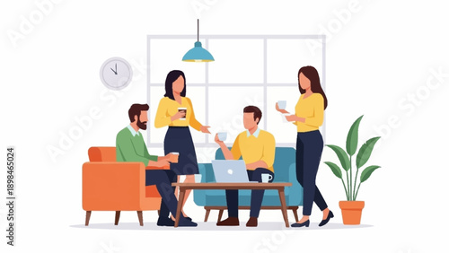 Four diverse colleagues having a casual coffee break and discussion in a modern office lounge.