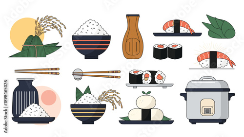 Set of traditional Japanese cuisine icons including sushi, rolls, rice bowls, sake, and a rice cooker for restaurant menu design.