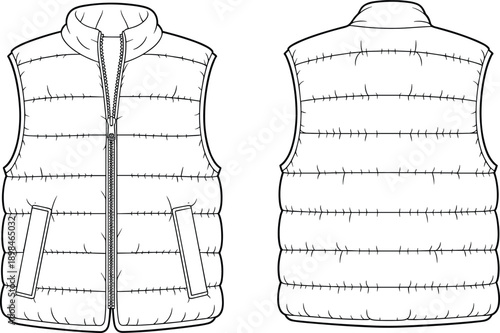 Technical line art vector illustration of men’s puffer vest front and back views winter quilted sleeveless jacket apparel design template