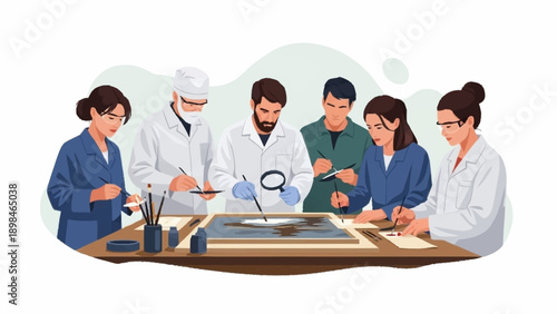Diverse team of scientists and experts meticulously examining a sample or artifact with tools, collaborating in a research setting.