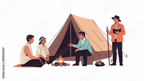 Four friends camping together, gathered around a warm campfire, sharing stories and enjoying the peaceful outdoor evening.