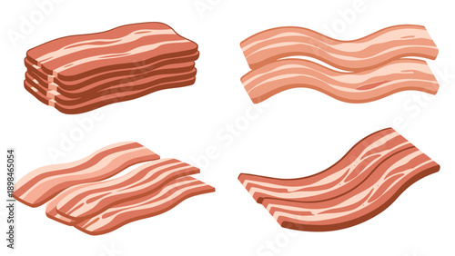 Different views and sets of uncooked and cooked bacon strips with white fat and red meat marbling for food and breakfast designs.