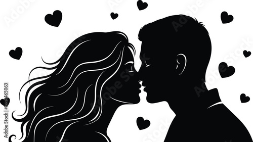 Romantic couple silhouette about to kiss with floating hearts, black and white vector illustration for Valentines Day, wedding, and love,