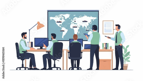 A team of business professionals monitors global logistics and operations in a modern control room with a large world map display.