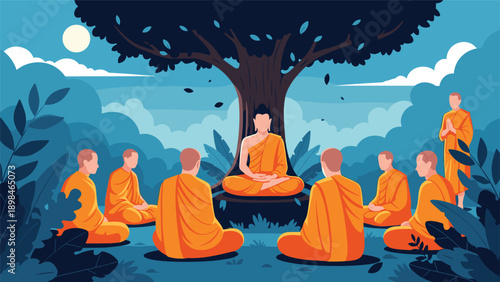 Lord Buddha sitting in meditation under a sacred tree surrounded by several saffron-clad monks listening to his holy teachings.