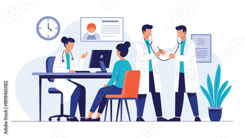 Team of medical professionals in a hospital consulting with a patient and performing a diagnostic heart check using stethoscopes.