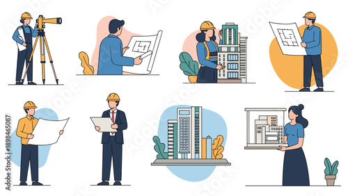 Architects and civil engineers wearing safety helmets and reviewing blueprints and building models for urban development projects.