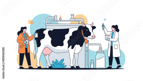 Dairy industry researchers in lab coats examining a cow and collecting milk samples for quality testing in a modern facility.