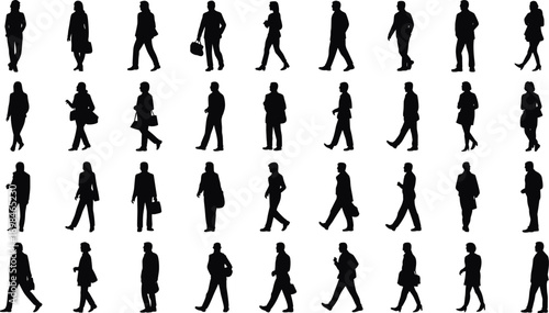 Detailed vector silhouettes of diverse professional people walking, standing, and moving, representing a busy urban crowd or business commuters isolated on a bright white background.