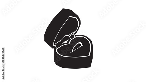 A black heart shaped jewelry box opens to reveal a surprise inside, set against a clean white background, symbolizing love and affection.