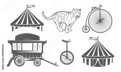 Circus icon set includes striped tents, tiger, circus wagon, unicycle and retro bicycle. Vintage carnival or festival designs. Vector illustration